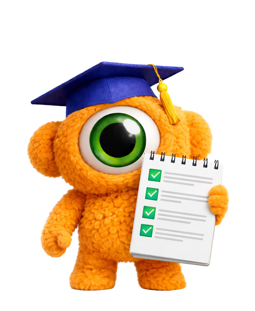 Een oranje, harig wezen met een groot groen oog, dat een afstudeerpet draagt ​​en een notitieblok met vinkjes vasthoudt.