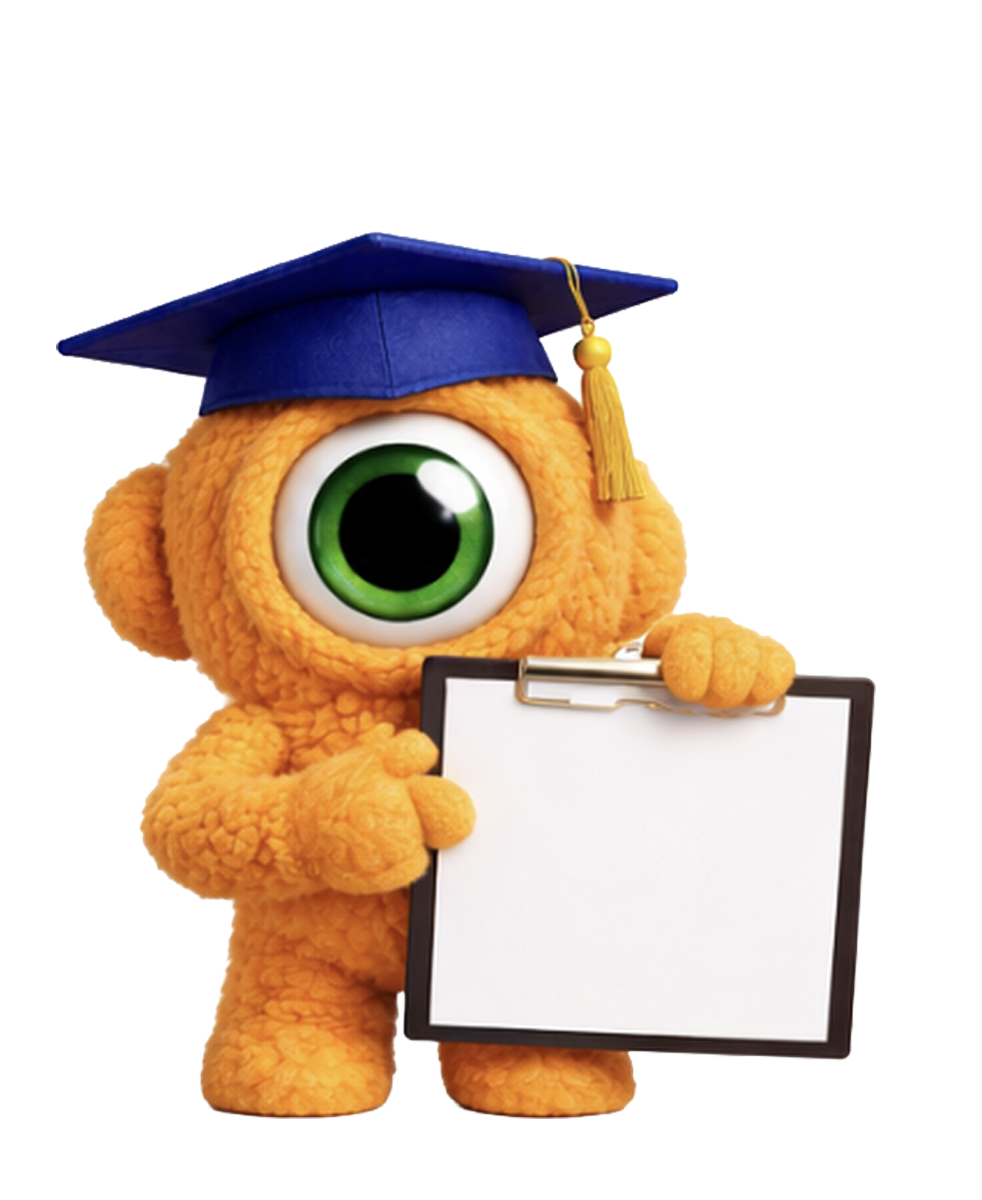 Een oranje, harig wezen met één groot groen oog, dat een blauwe afstudeerpet draagt ​​en een klembord vasthoudt.