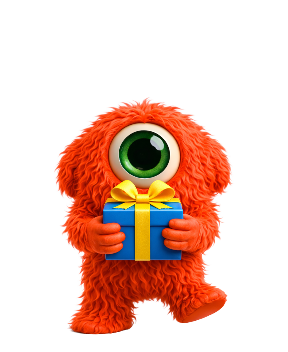 Een oranje, harig eenogig monster dat een blauw cadeautje met een gele strik vasthoudt.