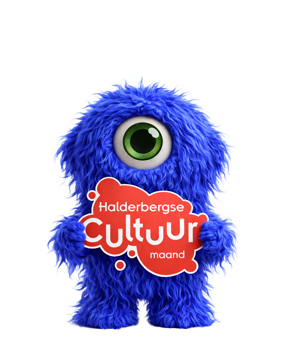 Een blauw harig monster met een rood bord waarop 