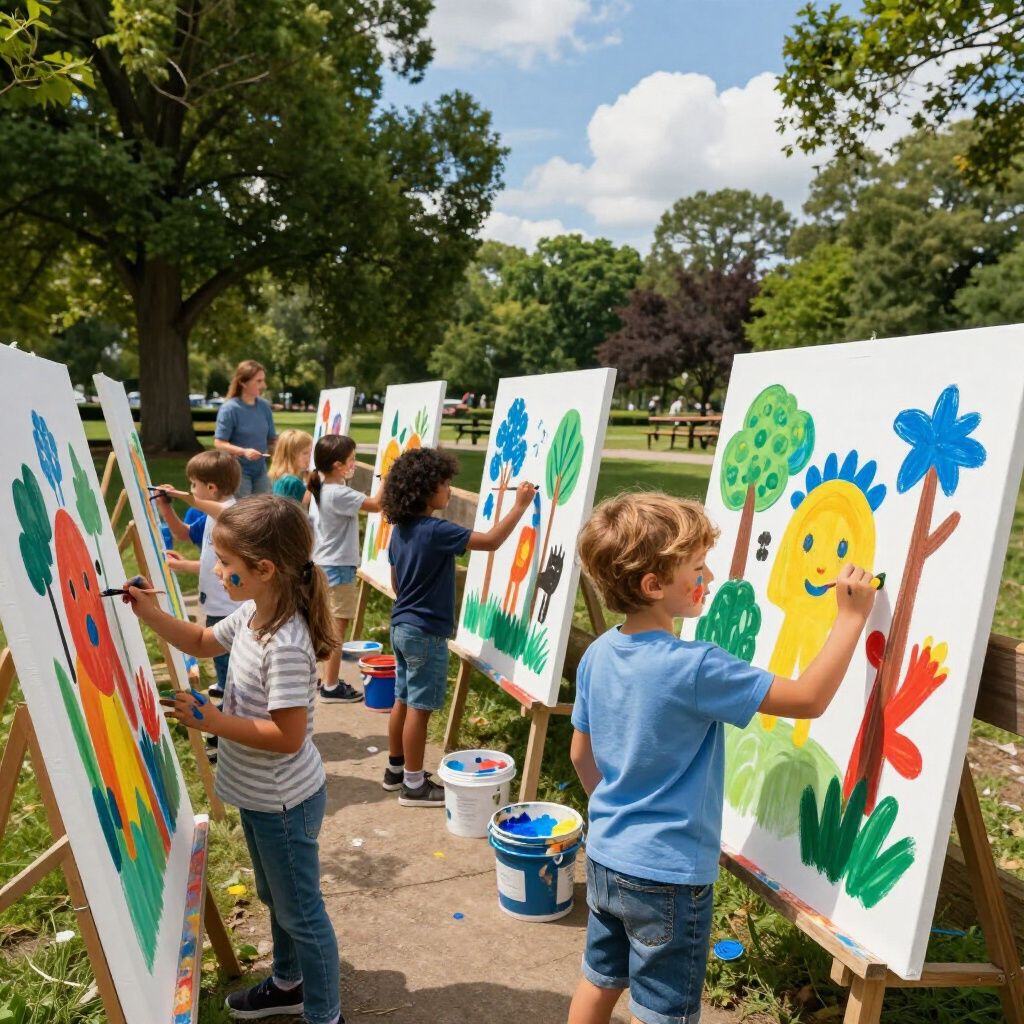 Kinderen schilderen kleurrijke plaatjes op schildersezels in een park; een zonnige dag.