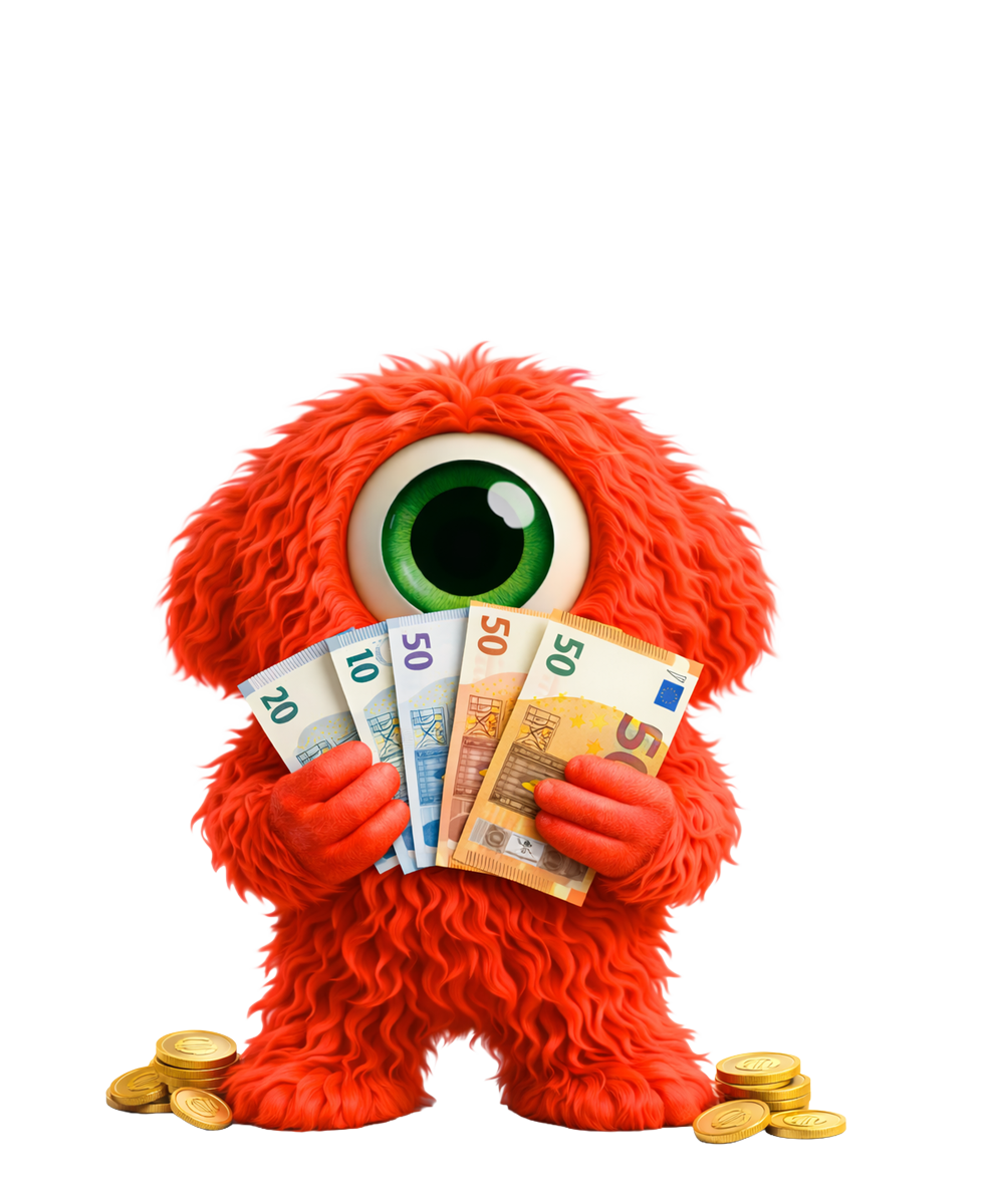Een rood, harig monster met een groot groen oog dat eurobankbiljetten en munten vasthoudt.