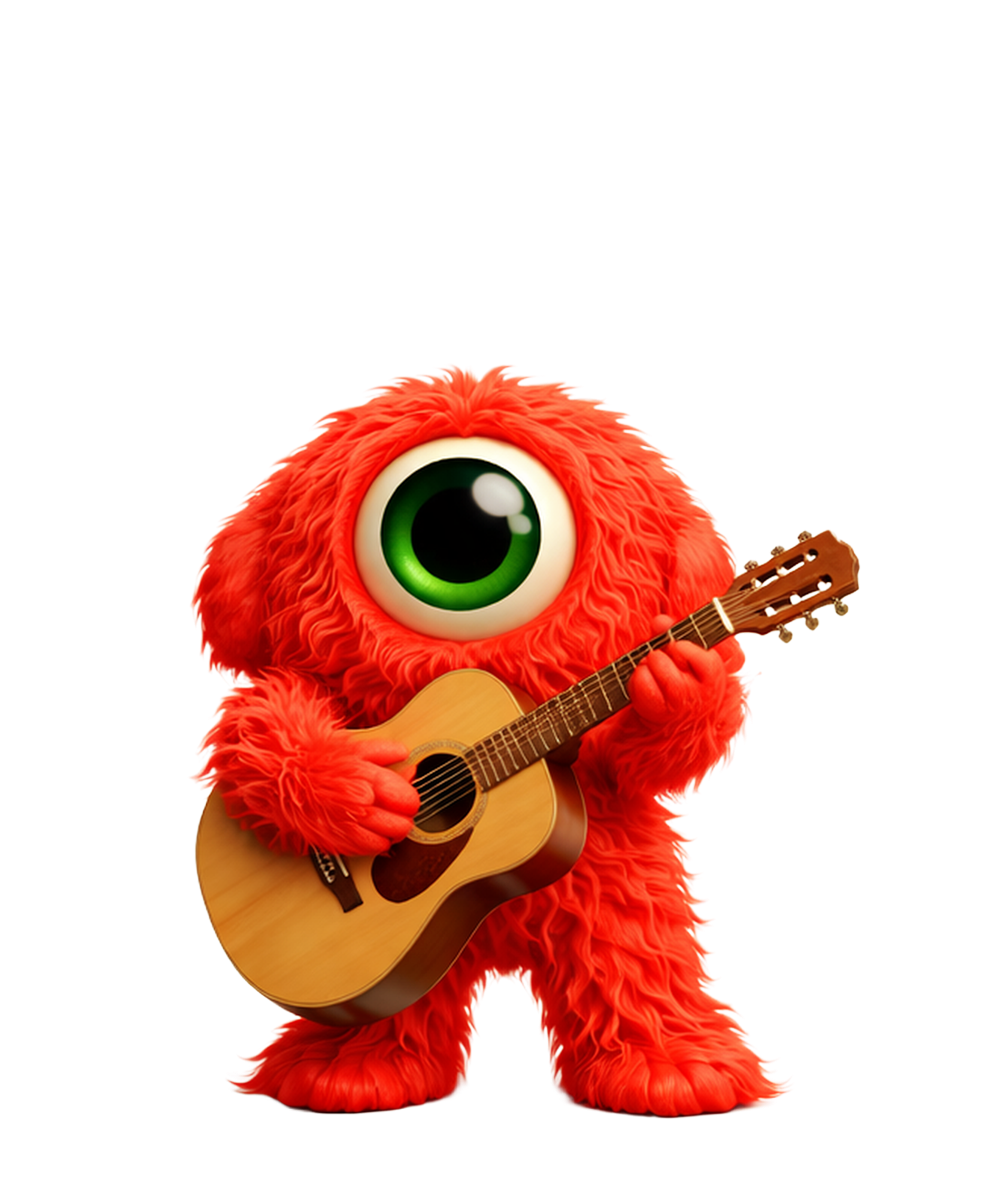 Een rood, harig, eenogig monster speelt akoestische gitaar.