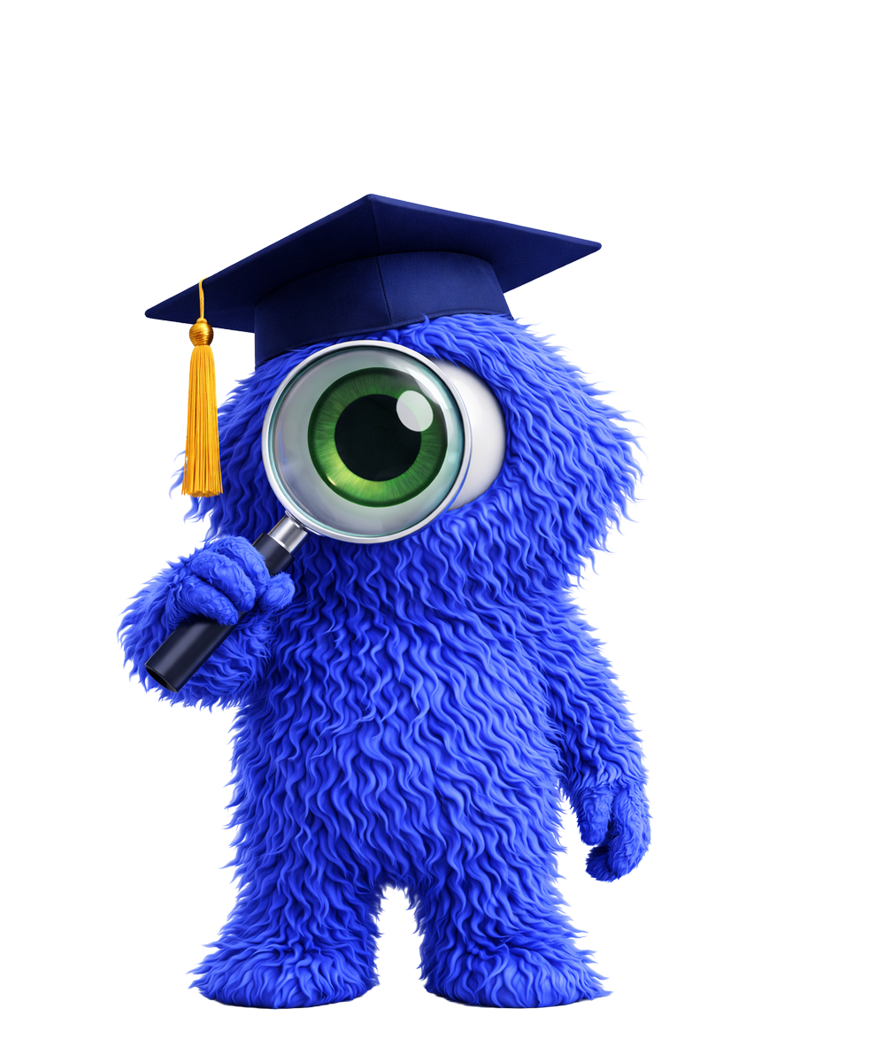 Een blauw, harig monster met een vergrootglas, dat een afstudeerhoed draagt ​​en rondkijkt.