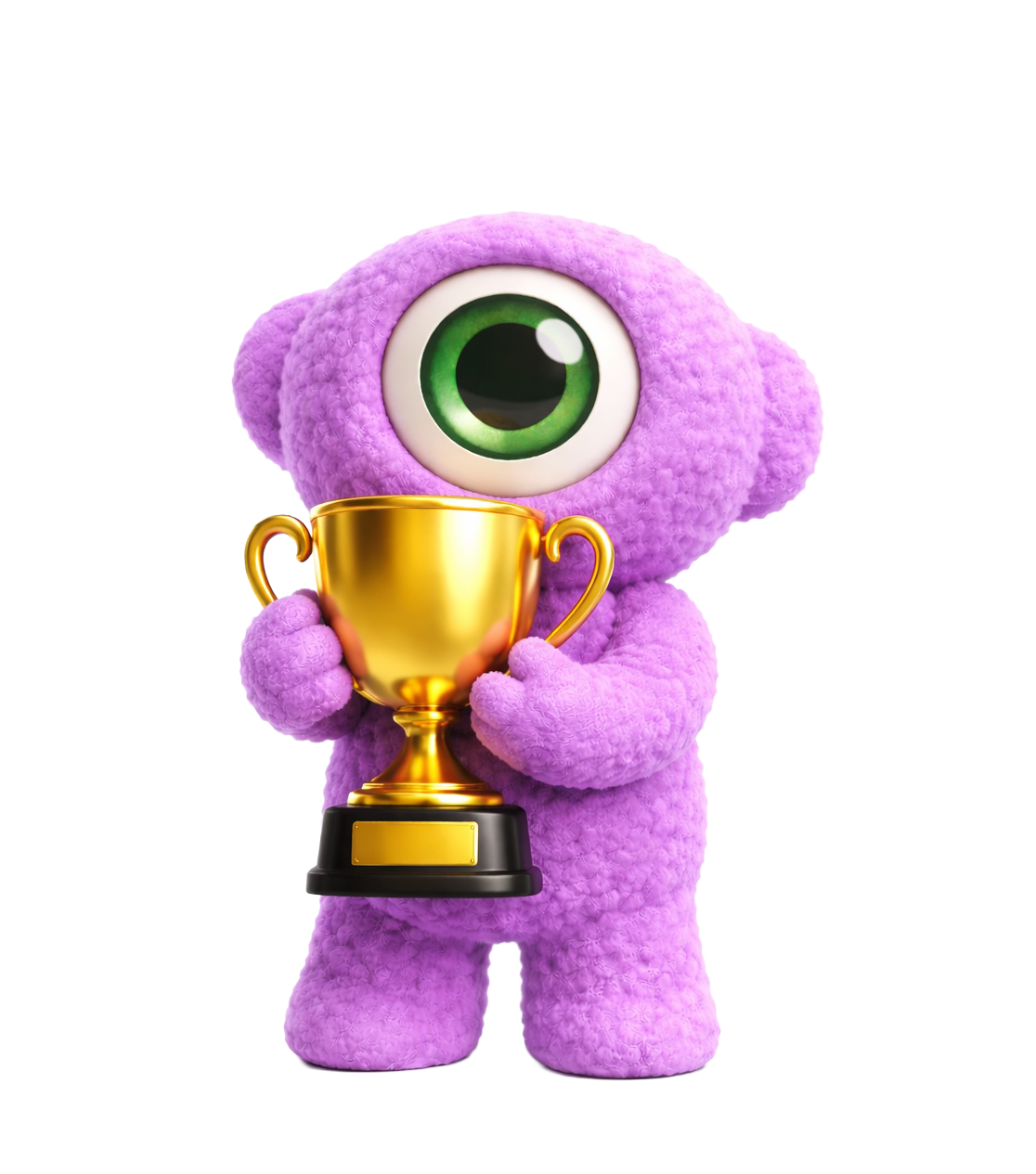 Een paarse cycloop die een gouden trofee vasthoudt.