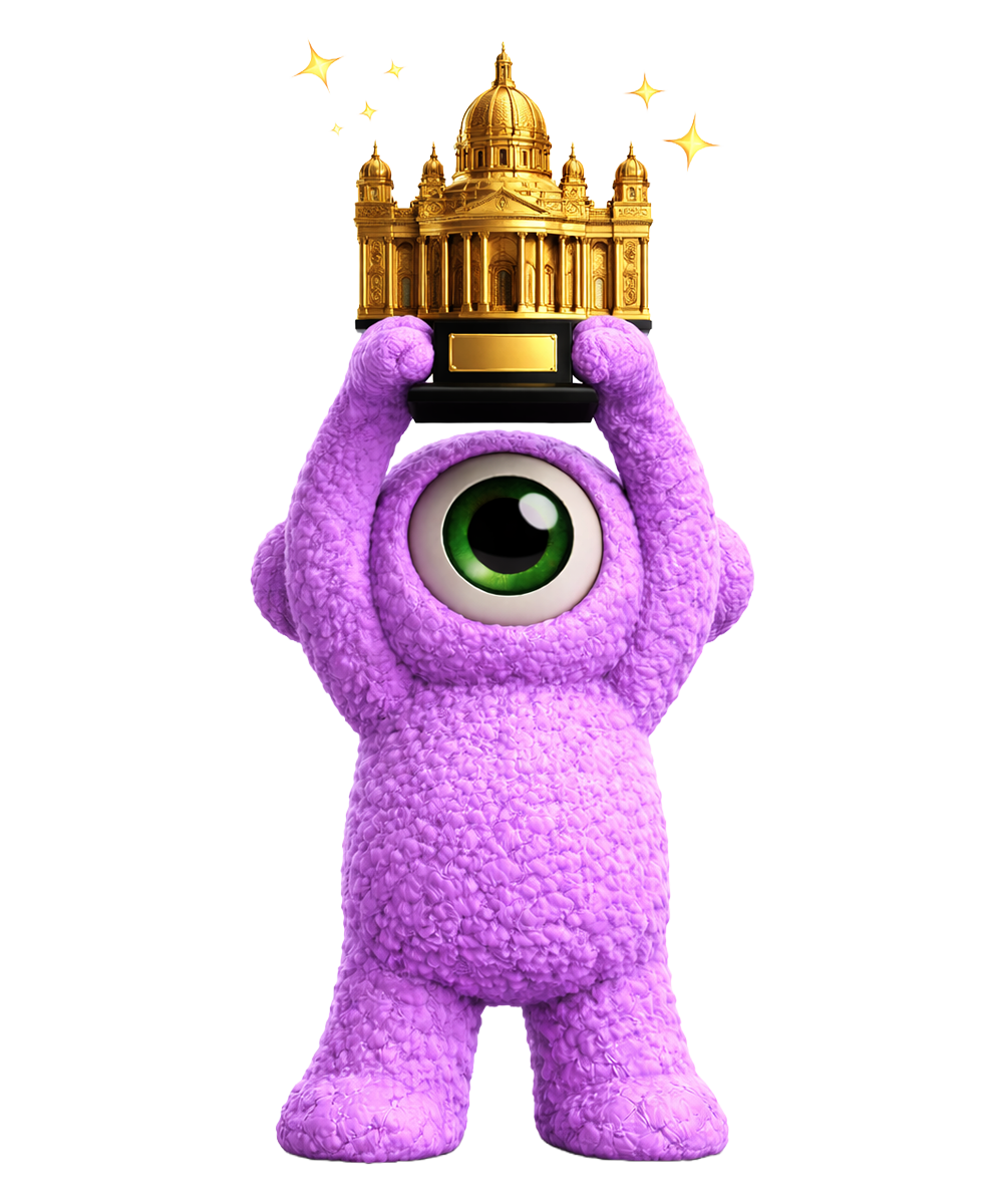 Een paars, eenogig, harig wezen dat een gouden trofee vasthoudt met een gebouw erop.