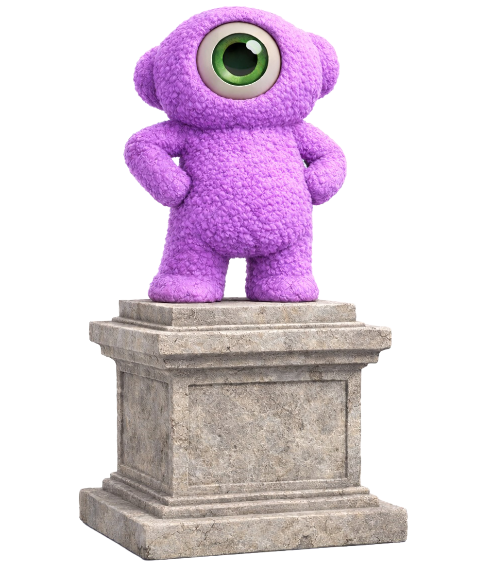 Een paars cycloopachtig wezen staat op een stenen sokkel met de handen in de zij.