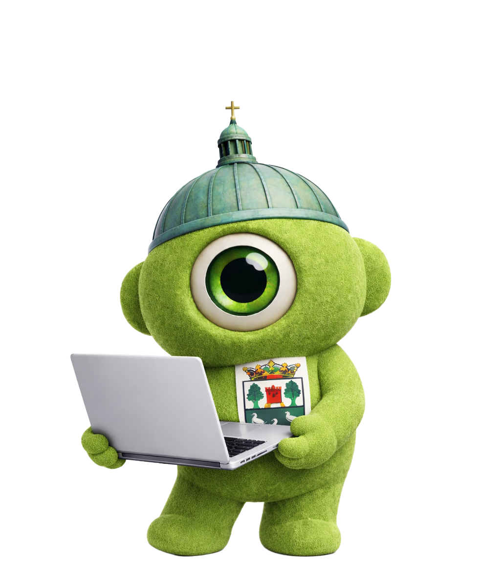 Groene mascotte met een laptop, een groene bolhoed en een badge met bomen.