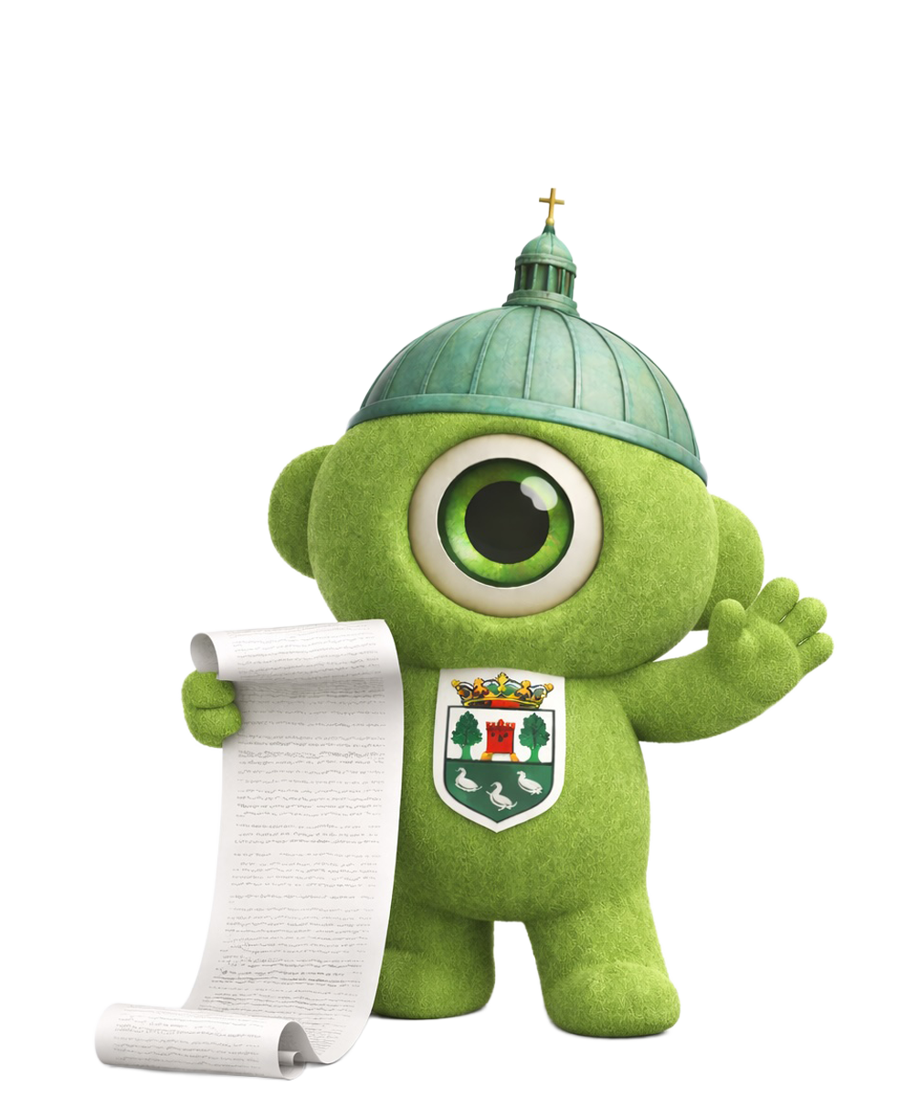 Groene mascotte met bolle hoed, die een perkamentrol vasthoudt en zwaait. Heeft één groot oog en een wapenschild.