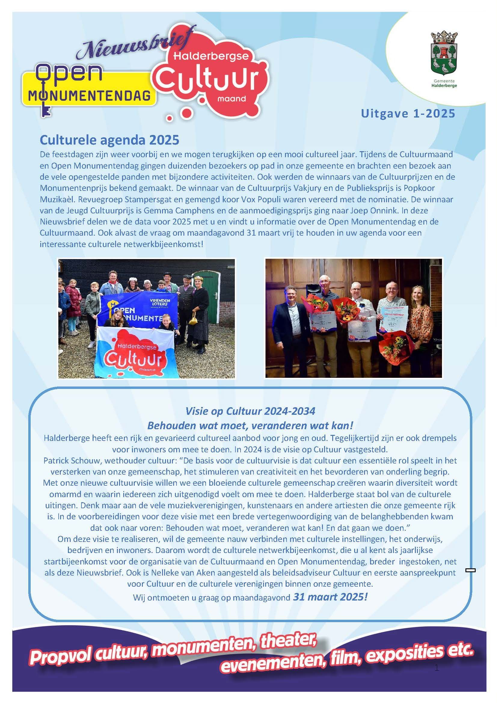 Nieuwsbrief met tekst en foto's over culturele evenementen; inclusief logo en gemeentelijk zegel.