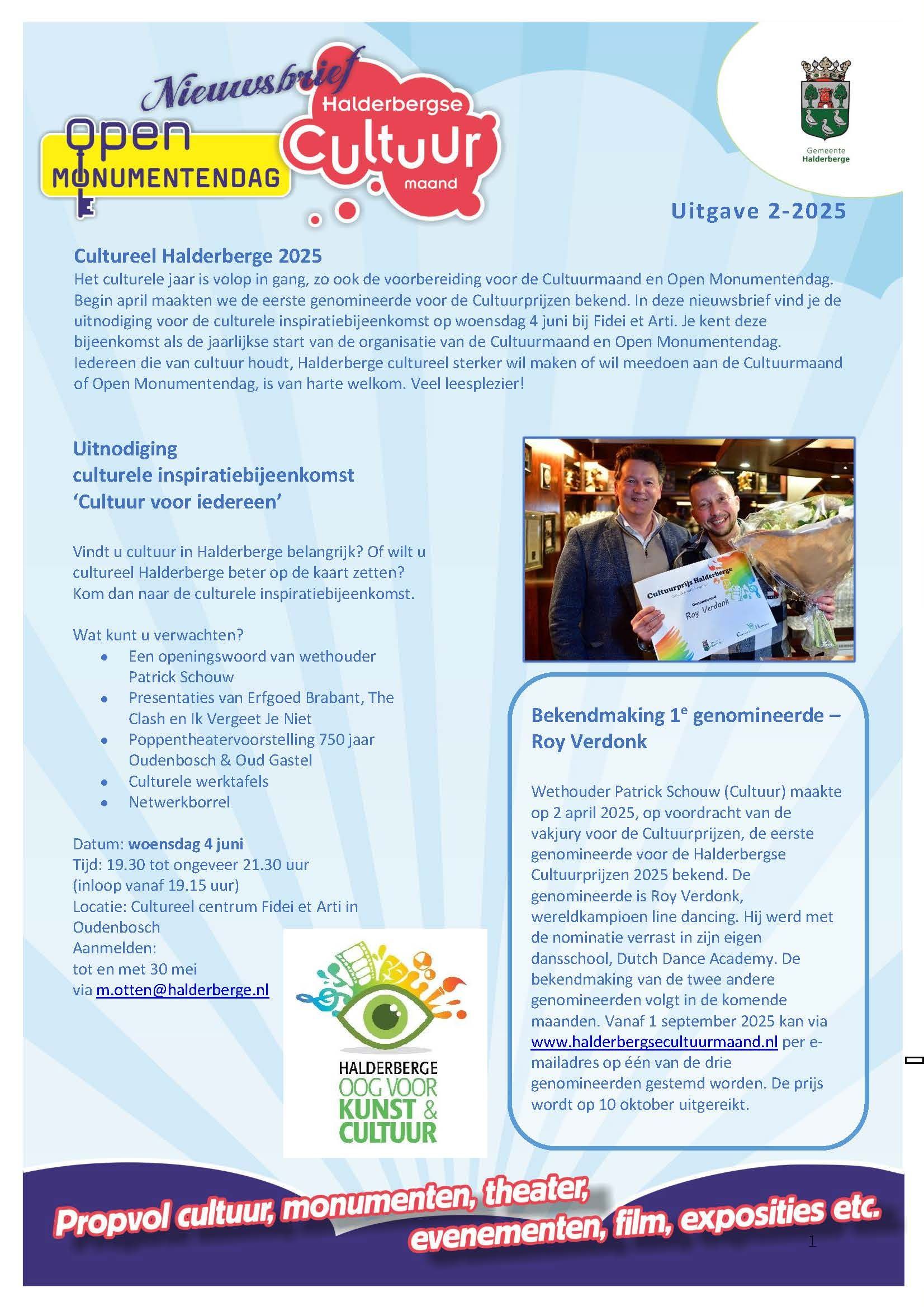 Flyer met tekst en foto ter promotie van lokale culturele evenementen.