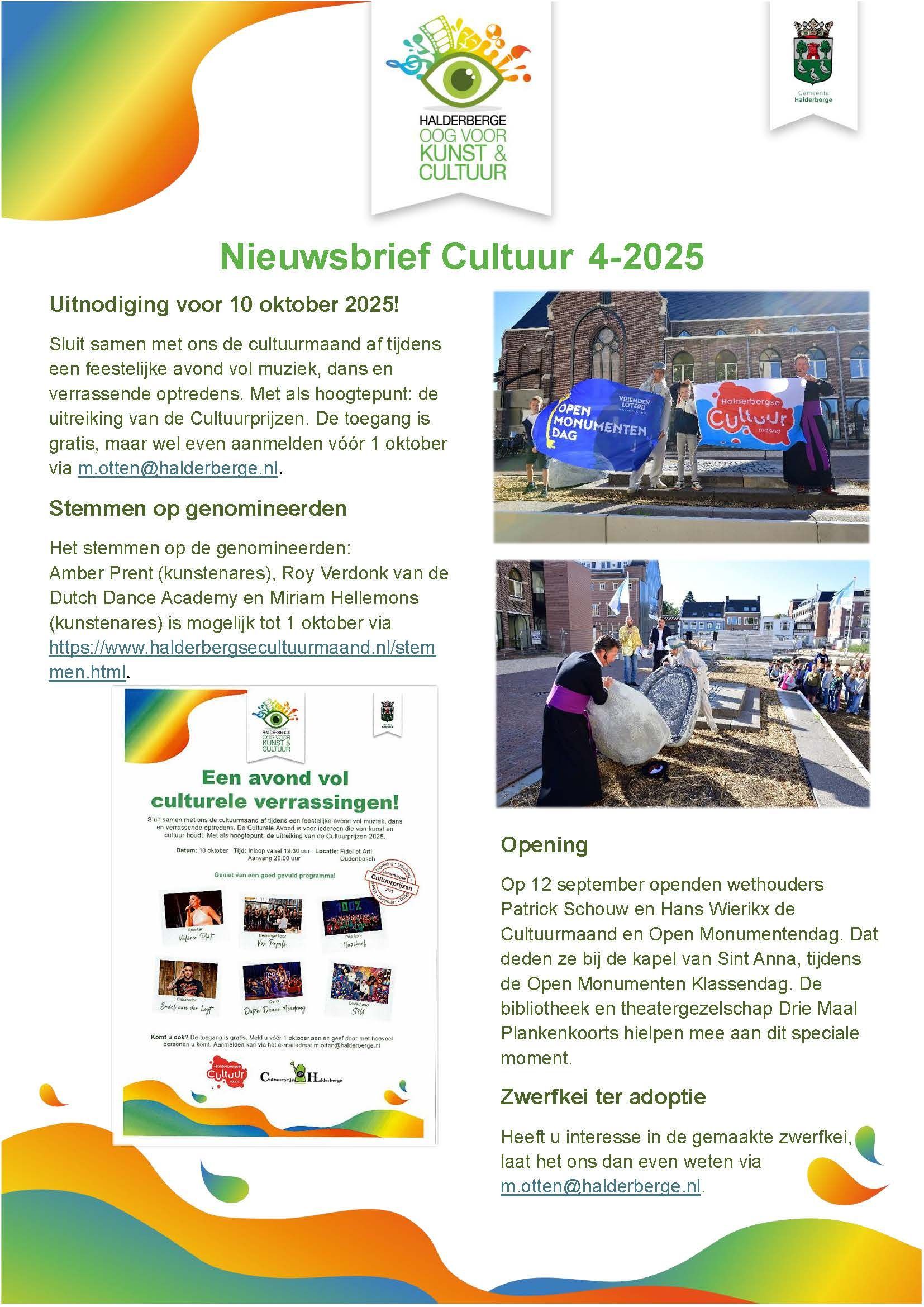 Nieuwsbrief met tekst en foto's van evenementen met kleurrijke accenten, mogelijk gerelateerd aan de Nederlandse cultuur.