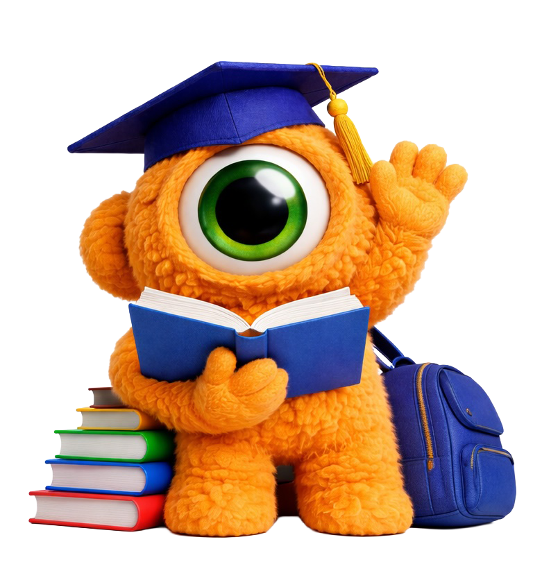 Een oranje, harig eenogig monster met een afstudeerhoed op, dat een boek leest, met een stapel boeken en een rugzak.