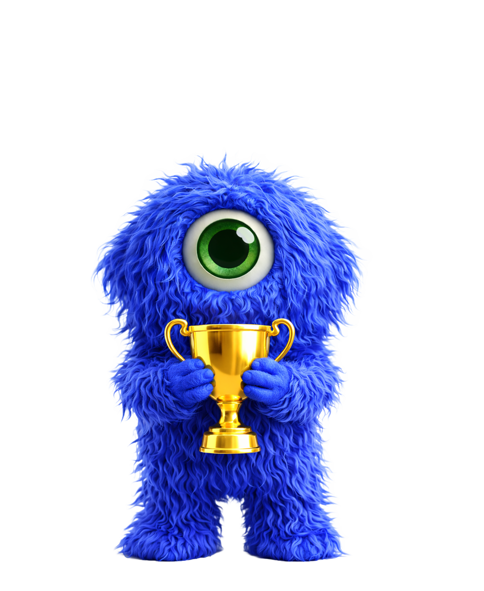 Een blauw, harig, eenogig monster dat een gouden trofee vasthoudt.