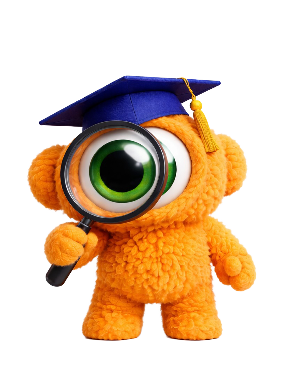 Een oranje, harig wezen met een vergrootglas boven een van zijn grote ogen, dat een blauwe afstudeerpet draagt.