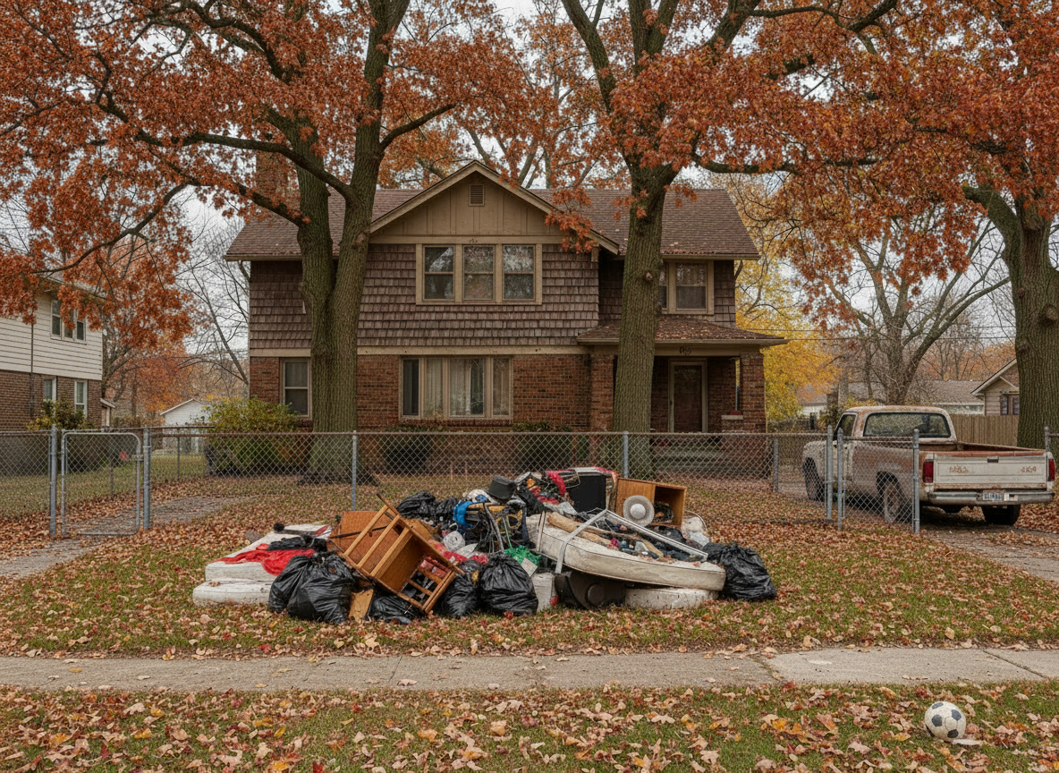 White house with blue shutters, white picket fence, and green bushes under a clear blue sky.