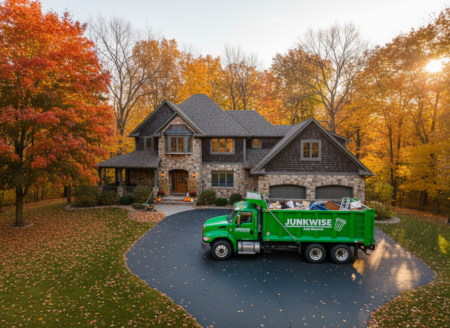 Blue dumpster overflowing with assorted debris: wood, cardboard, styrofoam, and bags.