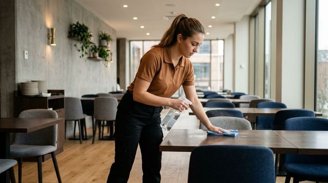 Professional cleaner vacuuming carpet in conference room with commercial vacuum, Inver Grove Heights, MN.