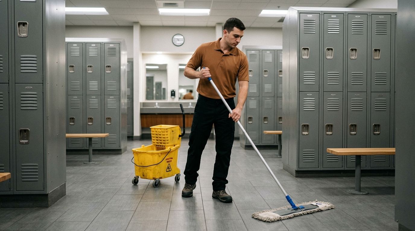 Professional cleaner mopping locker room floor near benches and storage lockers Andover, MN