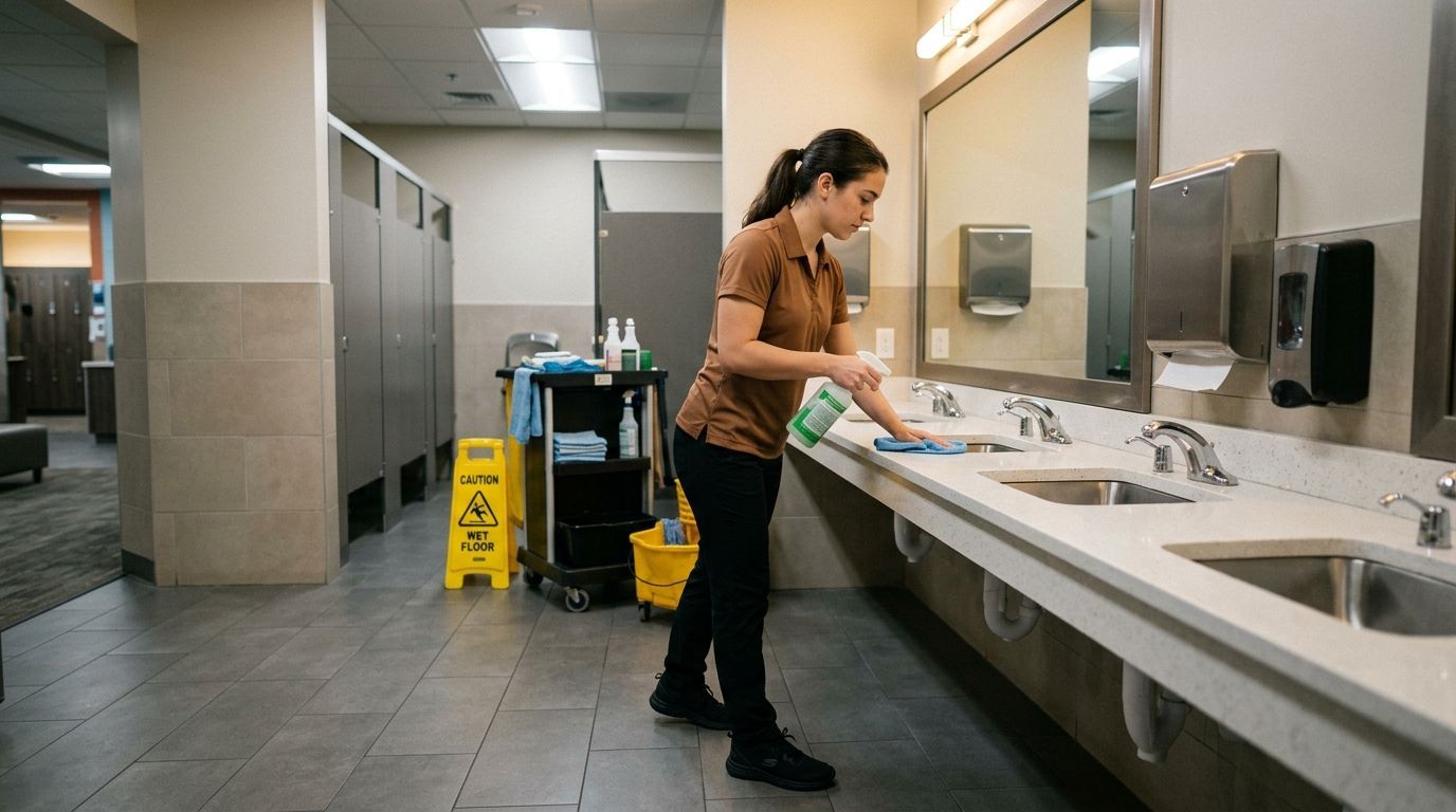 Professional cleaner sanitizing restroom sinks and countertops with disinfectant spray Andover, MN
