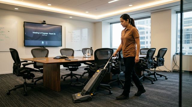 Professional cleaner vacuuming carpet in conference room with commercial vacuum, Inver Grove Heights, MN.