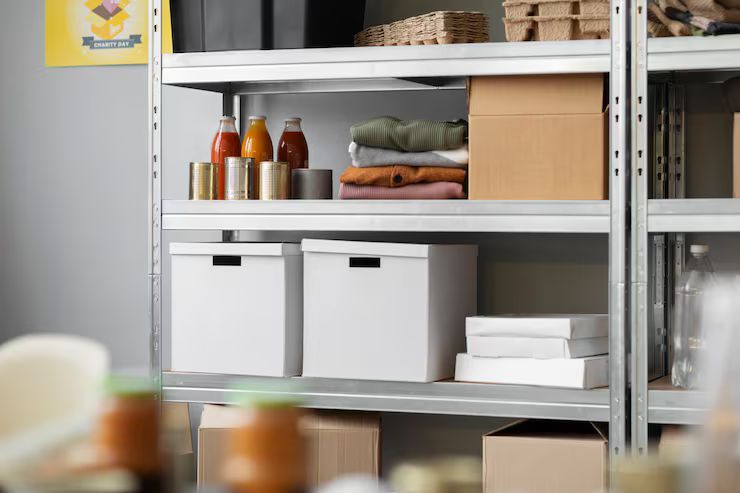 Metal shelves filled with storage boxes, jars, cans, and folded clothing in a brightly lit room.