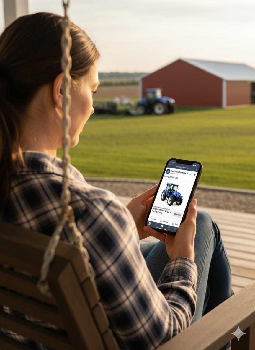 Woman on the front porch of her farm viewing New Holland product shopping ad on Facebook