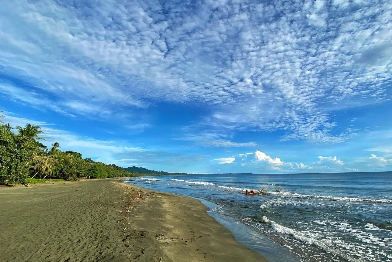 A beach with a blue sky and clouds and a body of water.