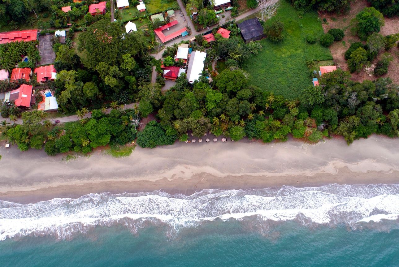An aerial view of a beach with a lot of trees and houses
