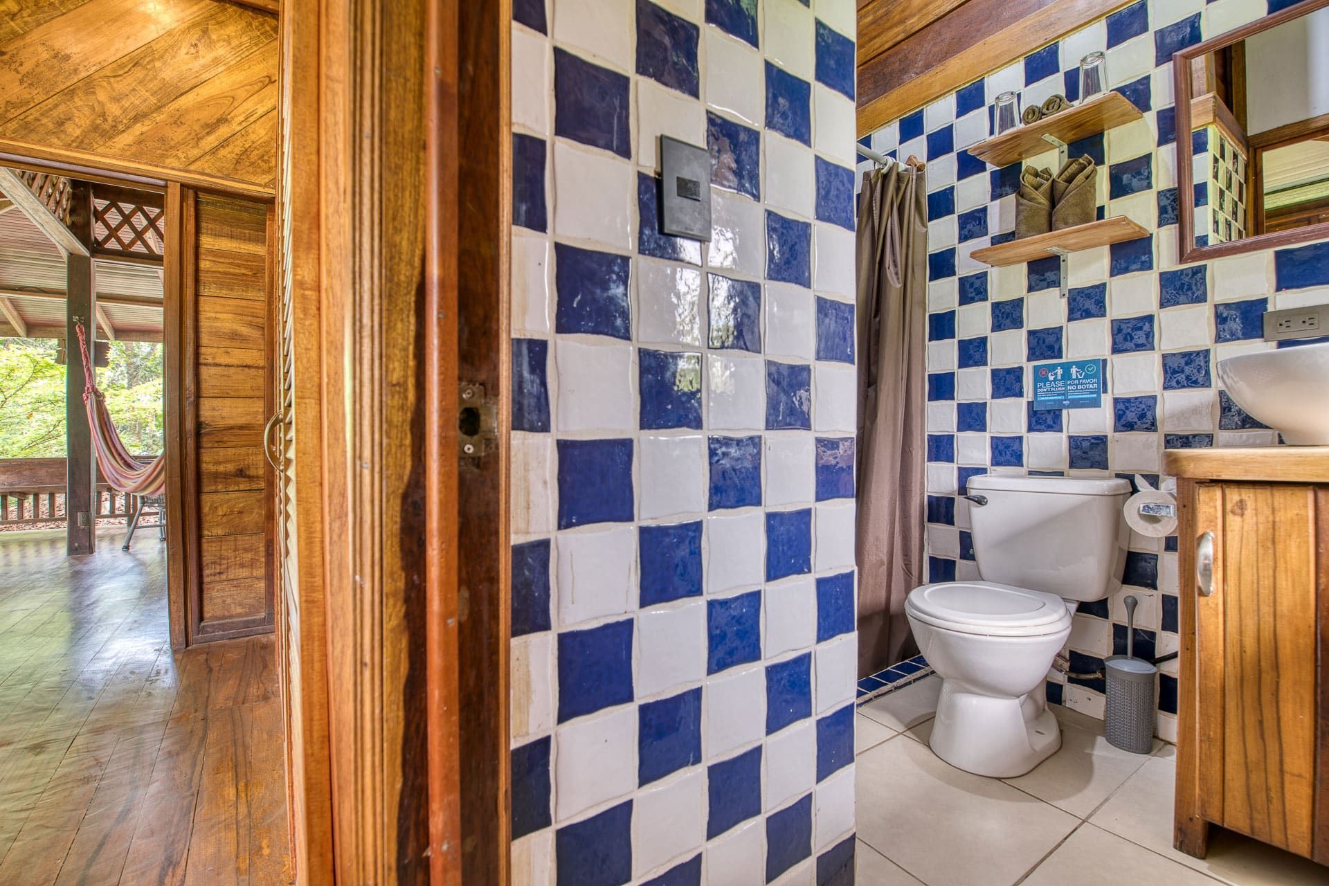 A bathroom with blue and white checkered tiles and a toilet.