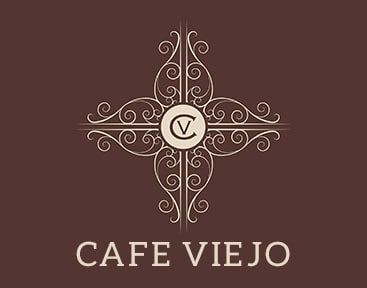A logo for cafe viejo on a brown background