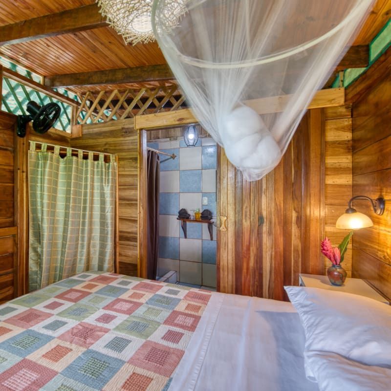 A bedroom with a mosquito net over the bed
