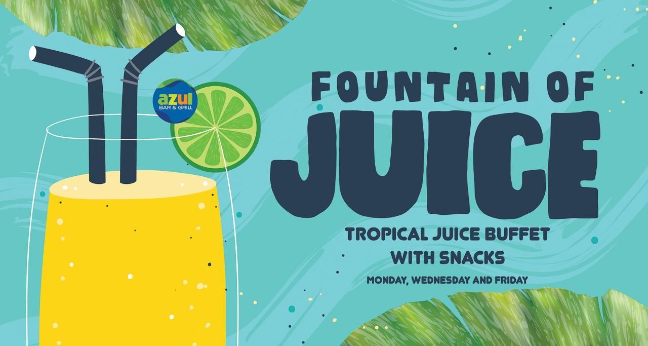 A poster for the fountain of juice tropical juice buffet with snacks.