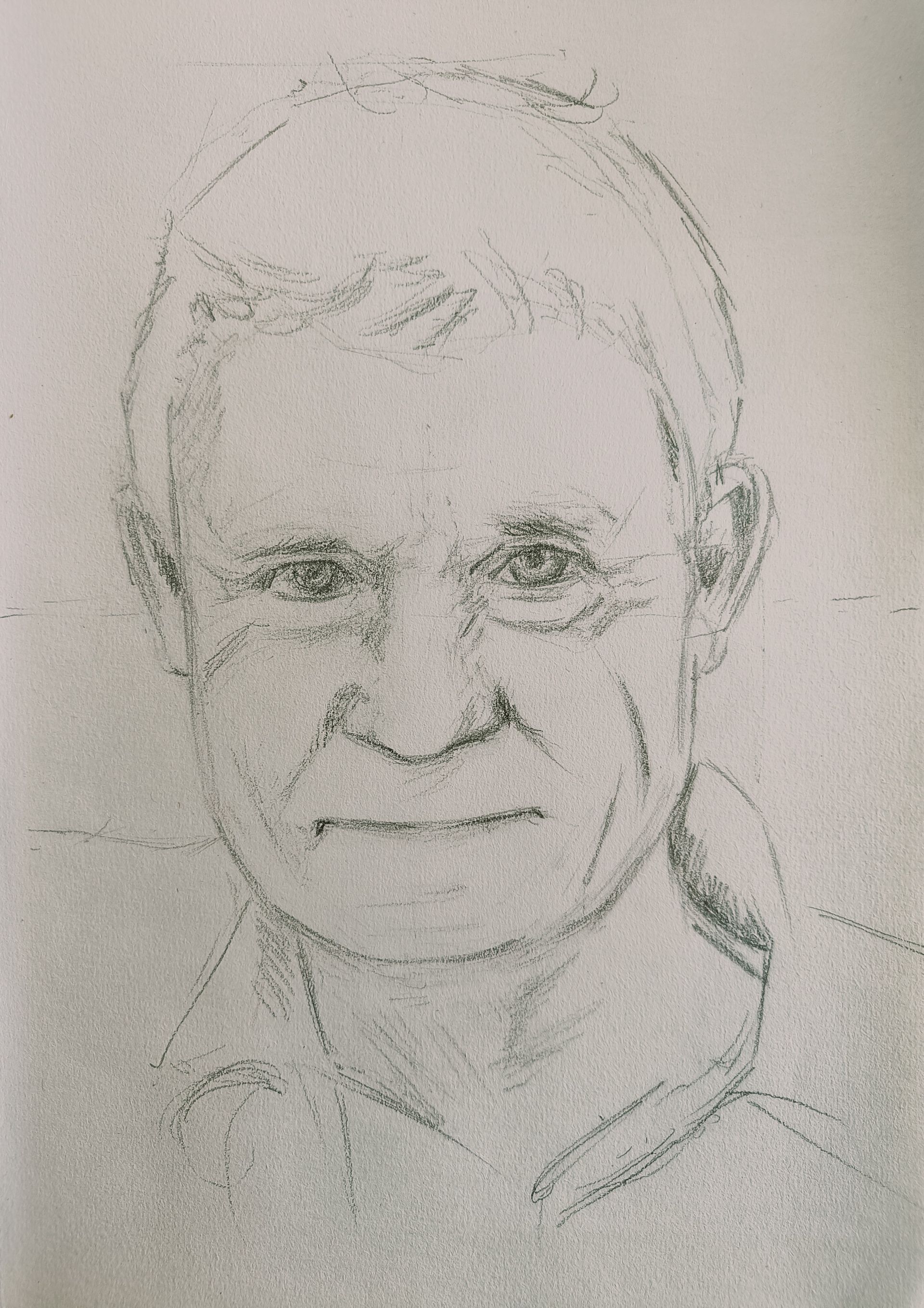 Portret van een persoon, getekend met kleine stippen. De persoon heeft kort haar en draagt ​​een overhemd met kraag.