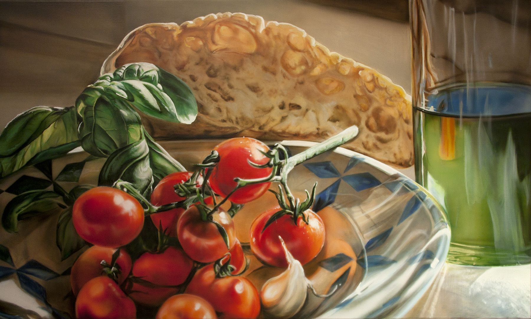 stilleven van eten. Tomaat, basilicum, brood en olijfolie. Italiaans.