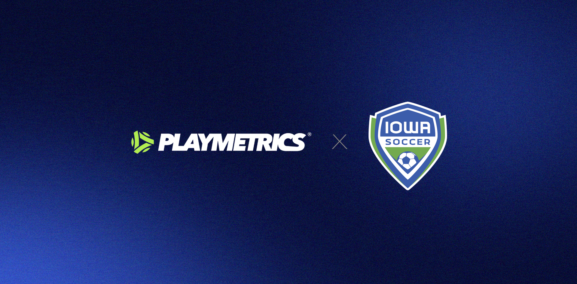 PlayMetrics logo with the Iowa Soccer logo on a dark blue background.