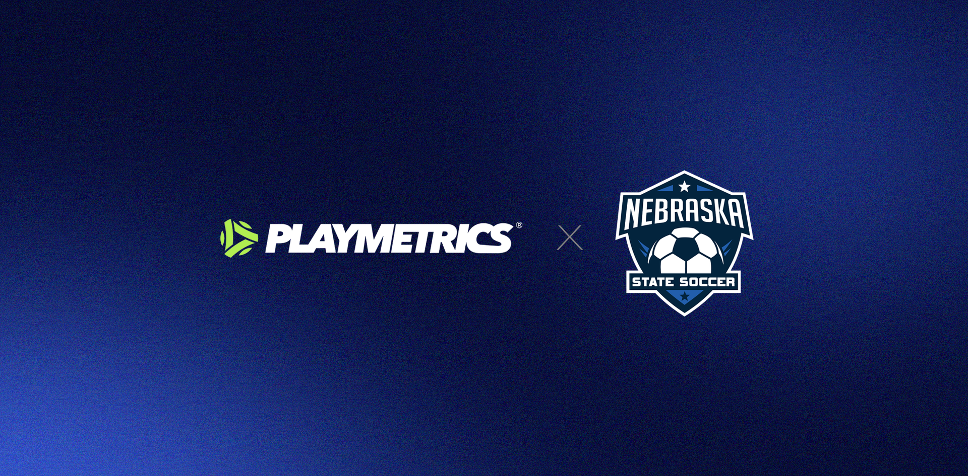 PlayMetrics logo with the Nebraska State Soccer logo on a dark blue background.