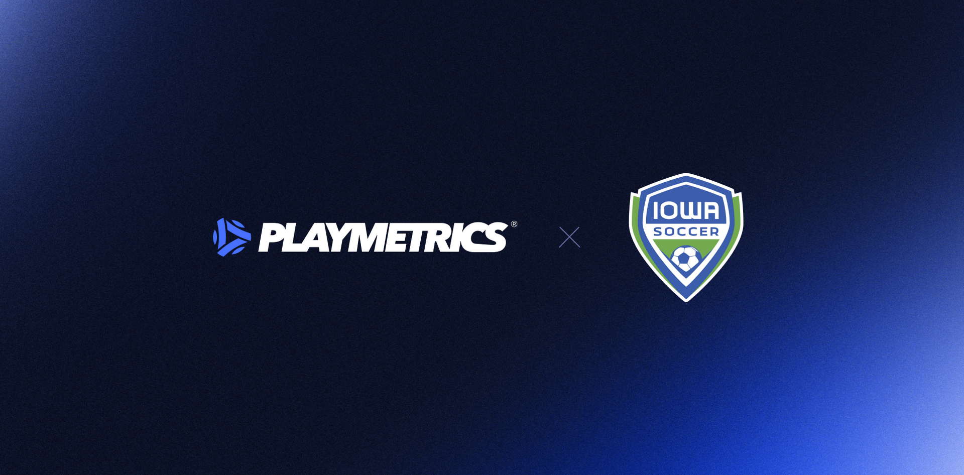 PlayMetrics logo with the Iowa Soccer logo on a dark blue background.