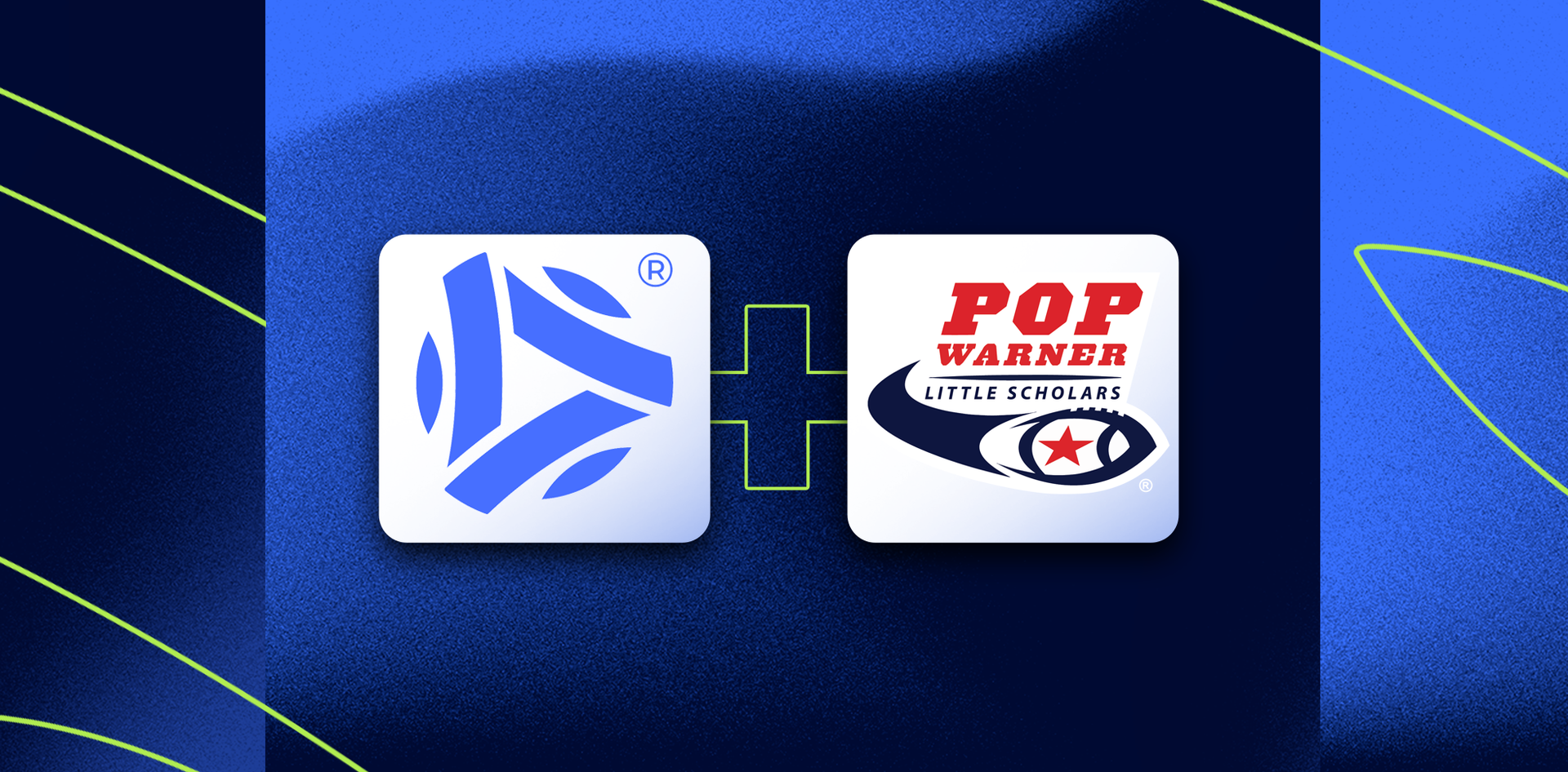 PlayMetrics and Pop Warner logos on blue designed background.
