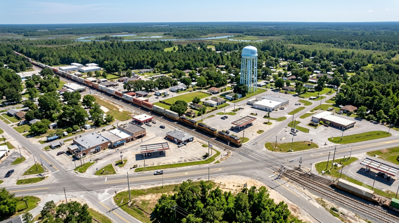 Aerial view of Callahan, Fl with shops, homes, trees, and a tall blue water tower.