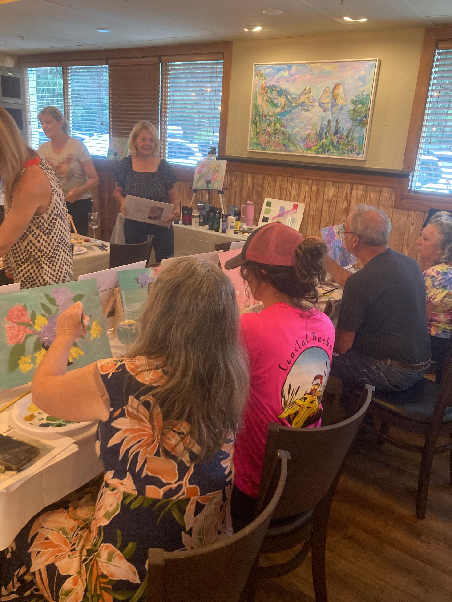 A group of people are sitting at a table painting flowers.