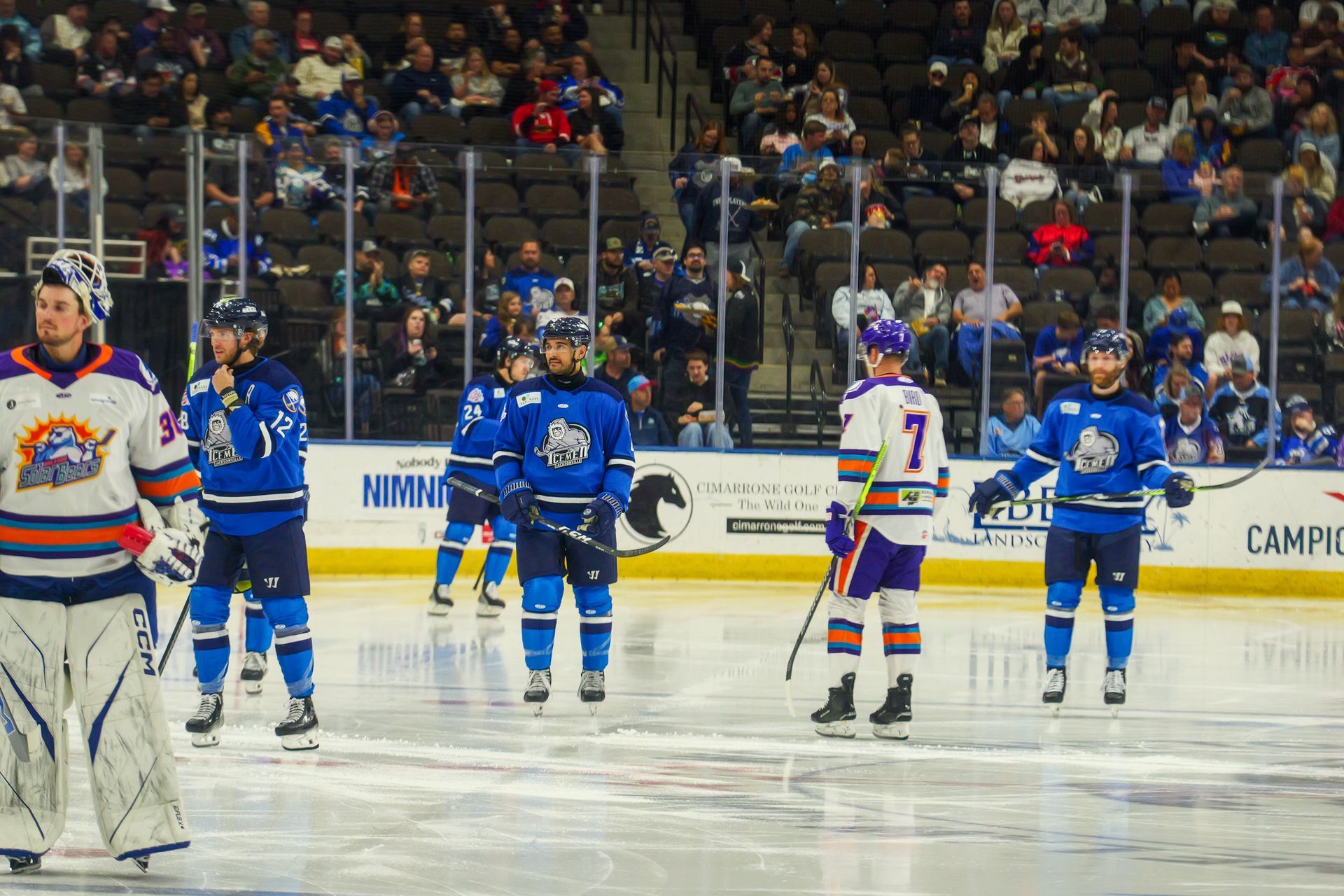 A group of hockey players are standing on the ice.