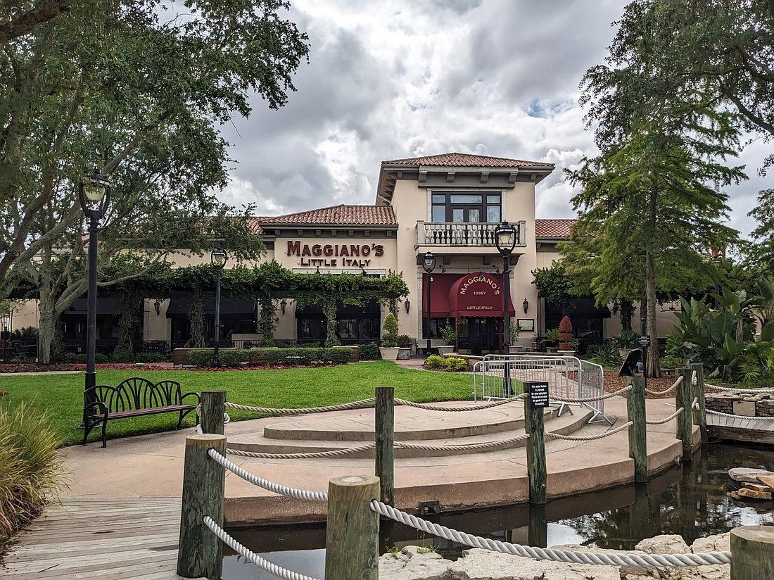 Maggiano's Little Italy restaurant exterior with a balcony, trees, pond, and cloudy sky.