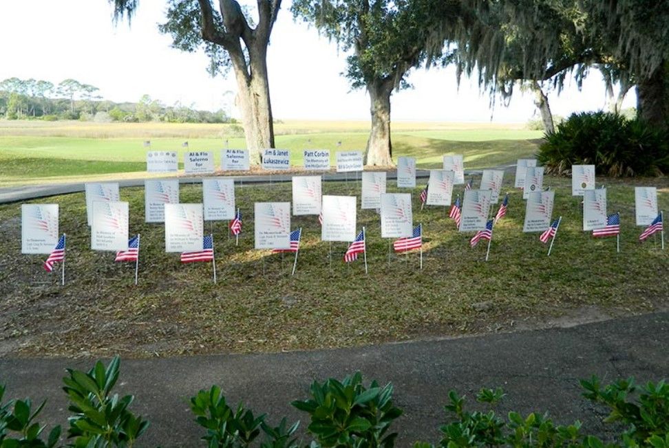 A bunch of american flags are lined up in the grass