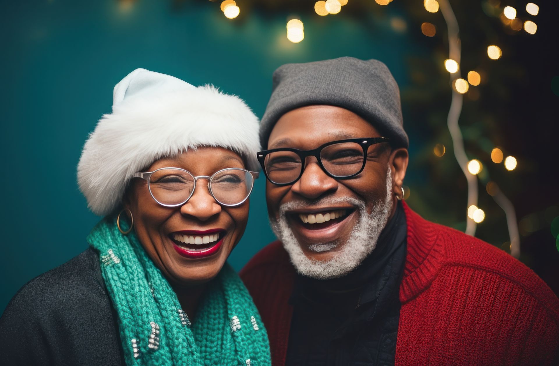 African American couple wearing hats and smiling at camera. Holiday lights in background.