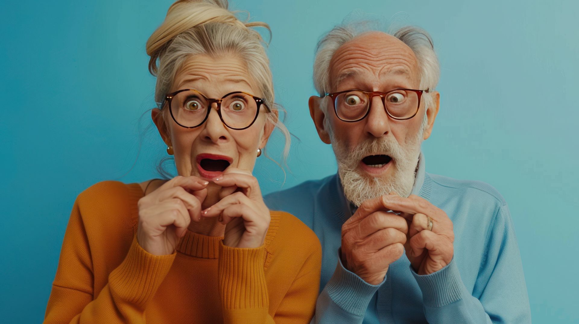 Elderly couple looking surprised in front of solid blue background. 