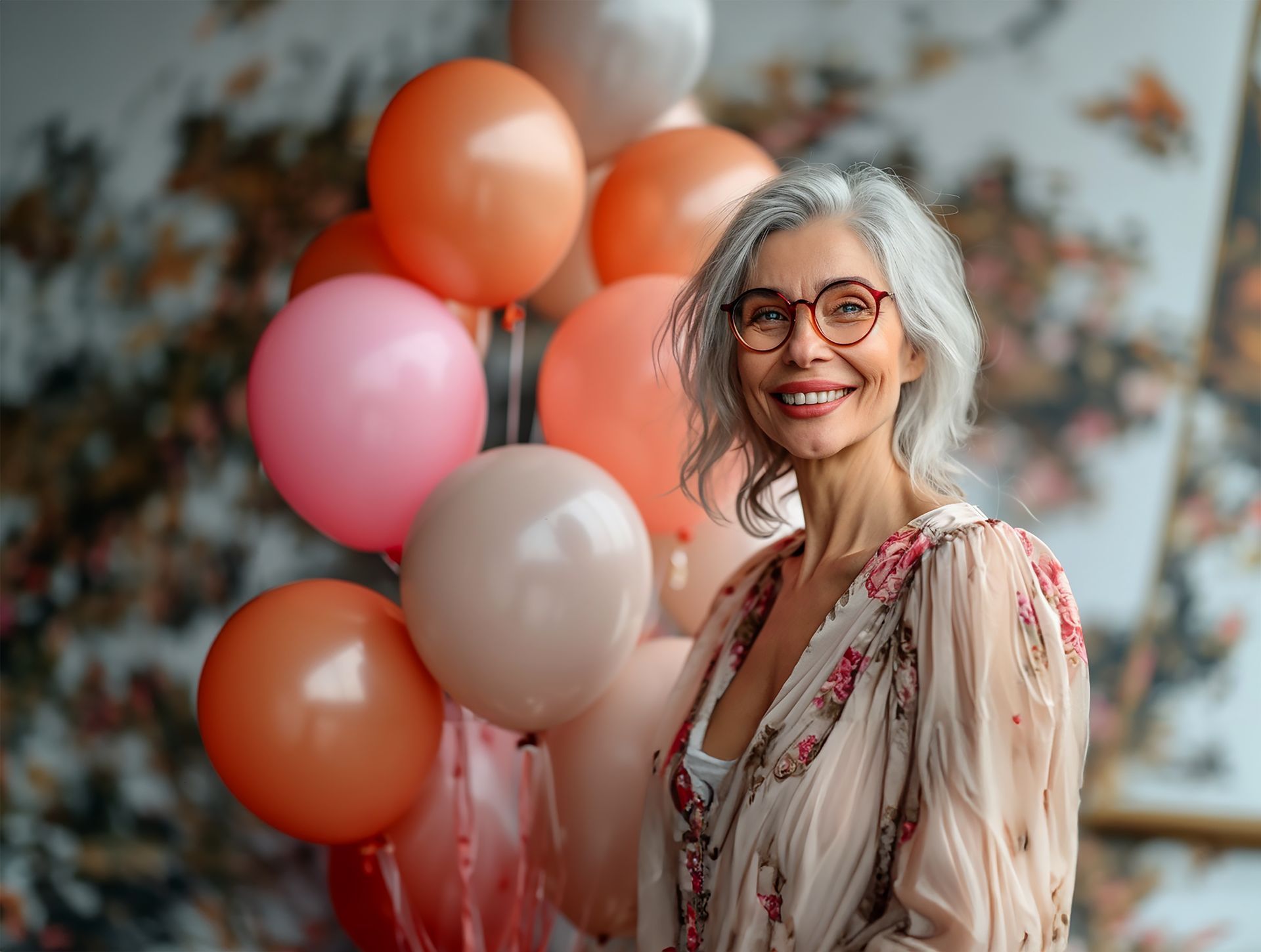 Gray haired lady with glasses smiling as she stands in front of pink, orange, white balloon bouquet.
