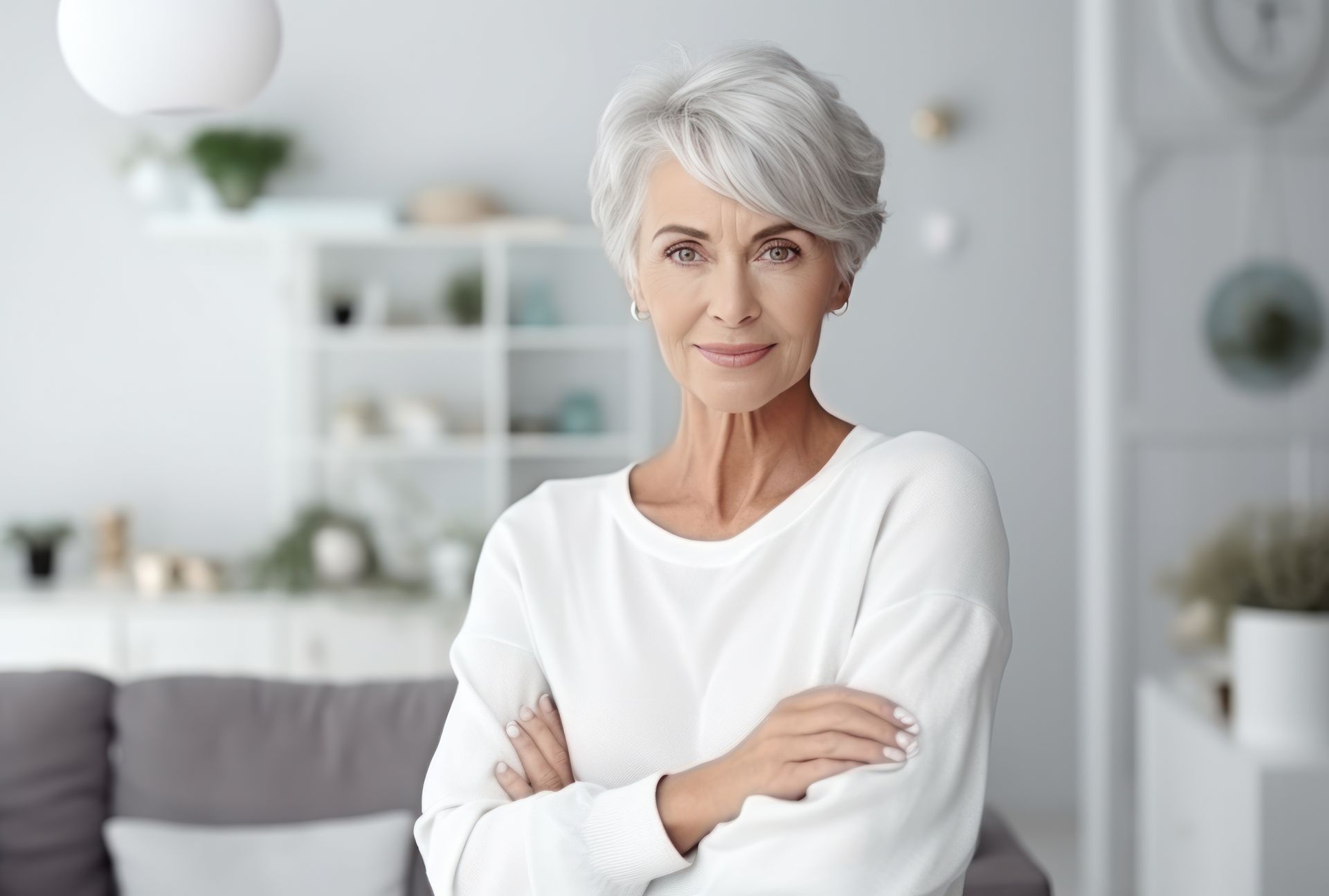 Pretty, gray-haired woman in white shirt standing with arms crossed