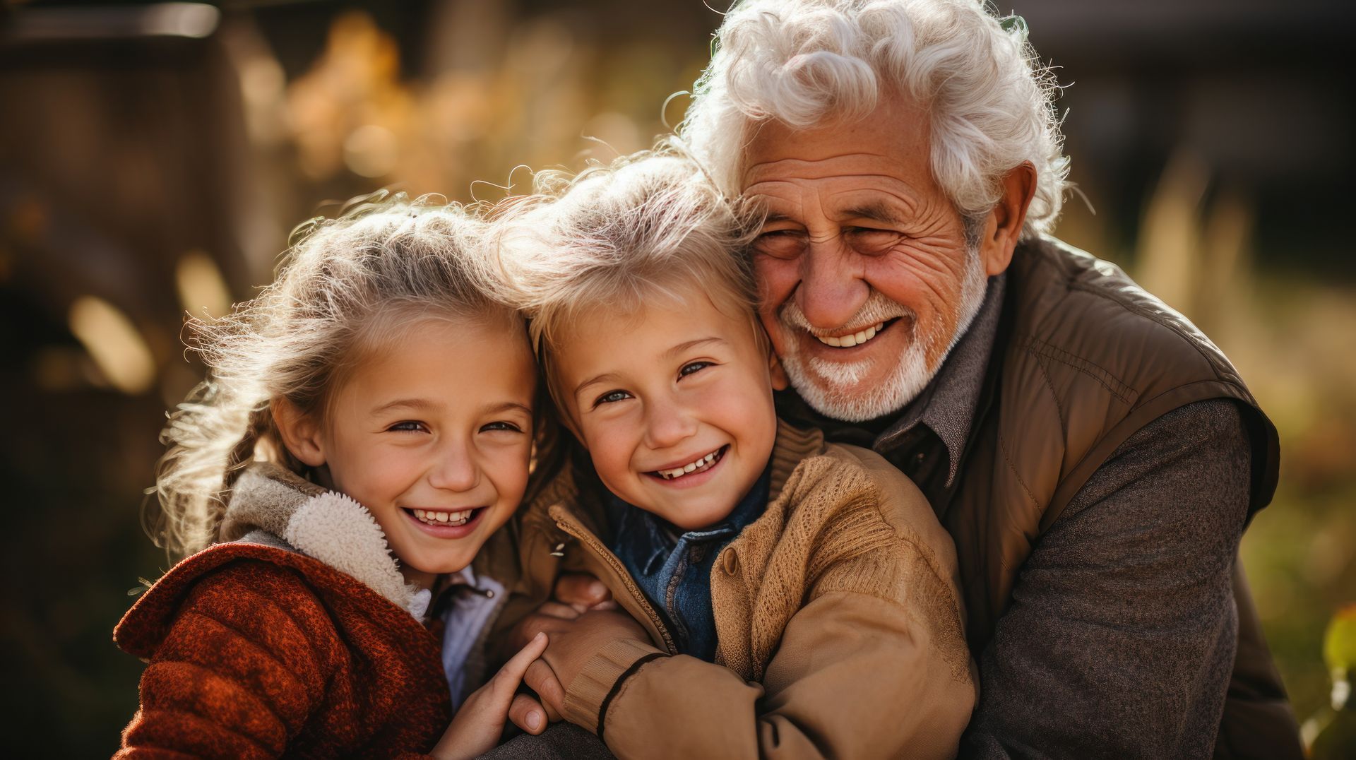 Grandpa hugging his two blonde granddaughters, all wearing coats