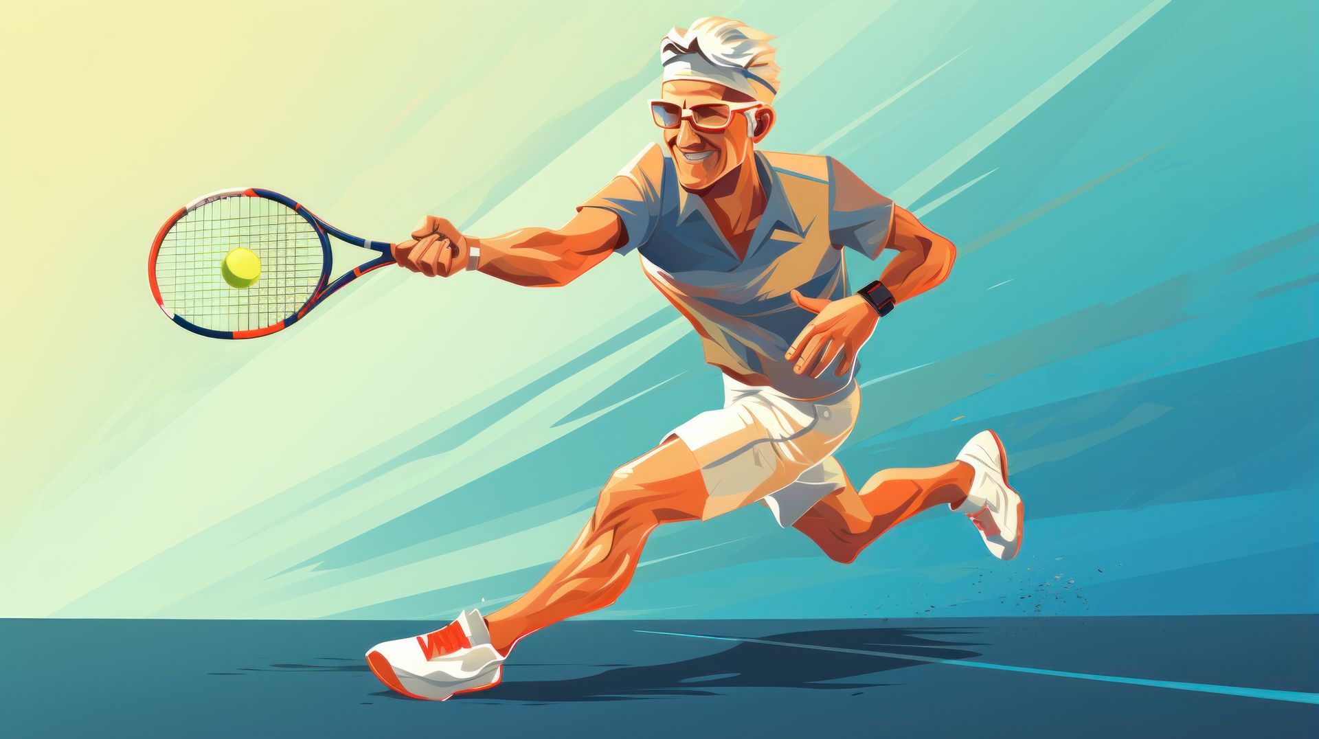 Cartoon-like image of gray-haired man running and stretching out his tennis racket to return a ball